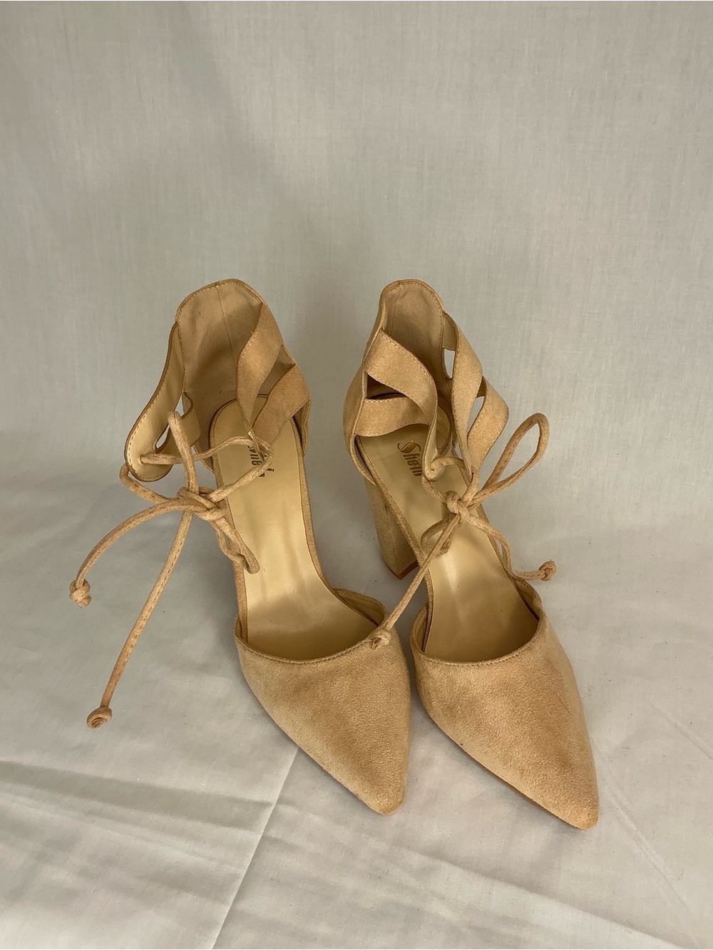 2109 - Suede Lace-Up Pointed Toe Block Heels in Beige